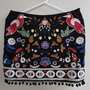 Umgee Colorful Embroidered Side Zip Skirt Birds Flowers Pom Poms Medium